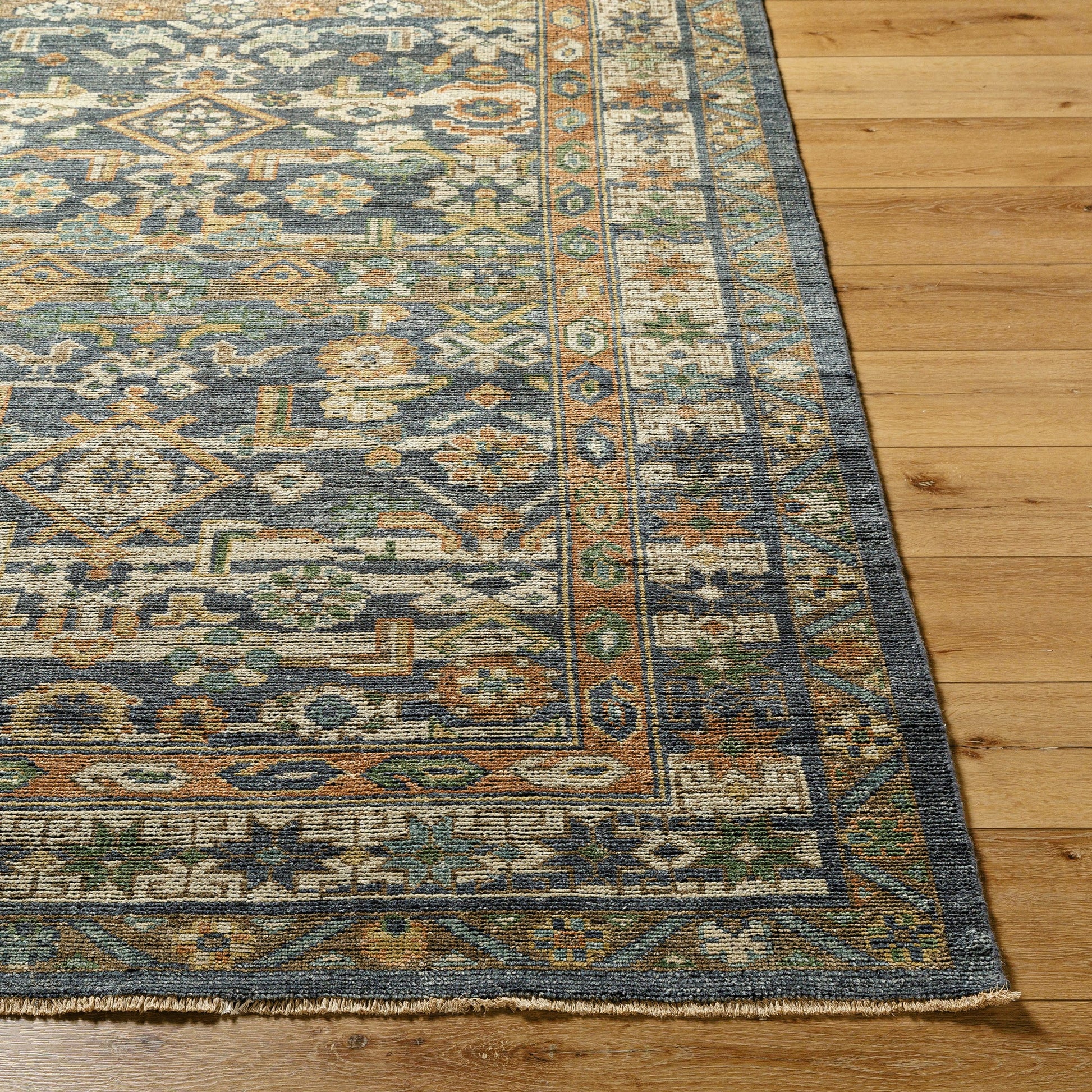 Reign REG-2324 Rug by Surya in navy, sage, olive, oatmeal, brown. Made from face: 70% wool, 30% viscose, warp: 100% cotton in a unique style.