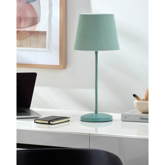Rigel Green Accent Table Lamp by Livabliss in body: sage, green; base: green; shade (outside): grass green; shade (inside): white and paintedplatedstructured. Made from iron, plastic, polyester in a unique style.