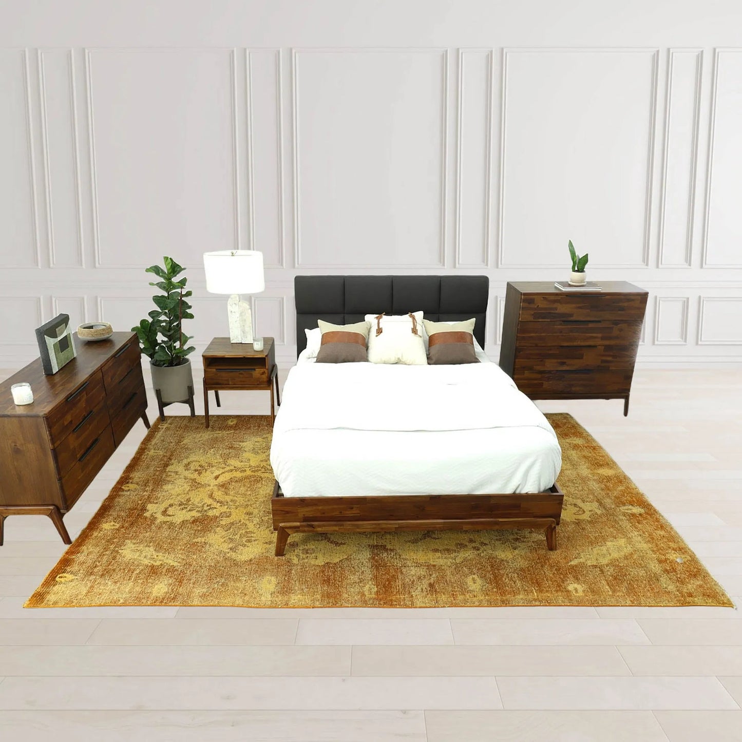017 SI-2325211 | Lifestyle | Remix Bed by LH Imports in brown, grey and brown. Made from 100% polyester, solid acacia, mdf acacia veneer, plywood, rubber wood in a transitional style.
