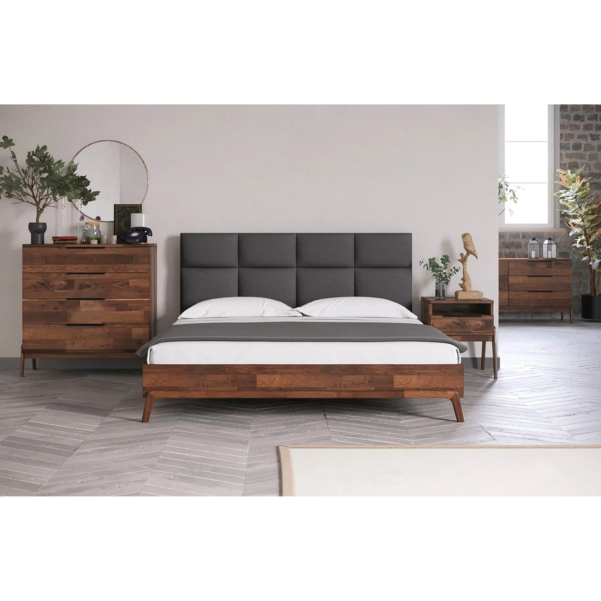 Remix Bed by LH Imports in brown, grey and brown. Made from 100% polyester, solid acacia, mdf acacia veneer, plywood, rubber wood in a transitional style.