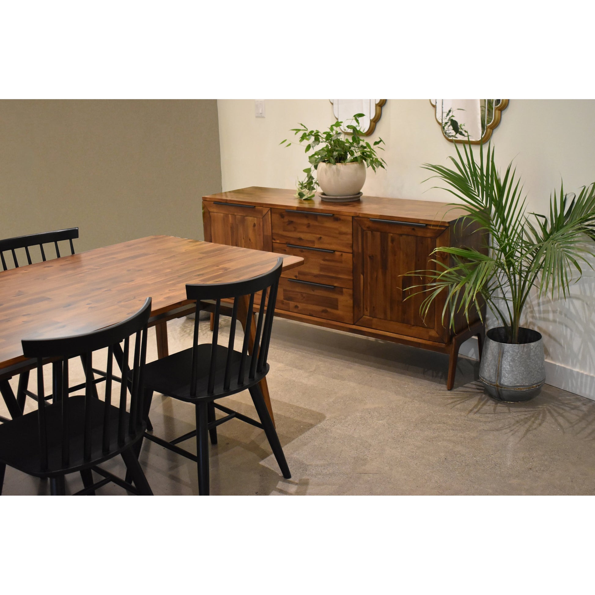 Remix Sideboard by LH Imports in brown and brown, black. Made from metal handle, solid acacia, mdf acacia veneer in a modern style.