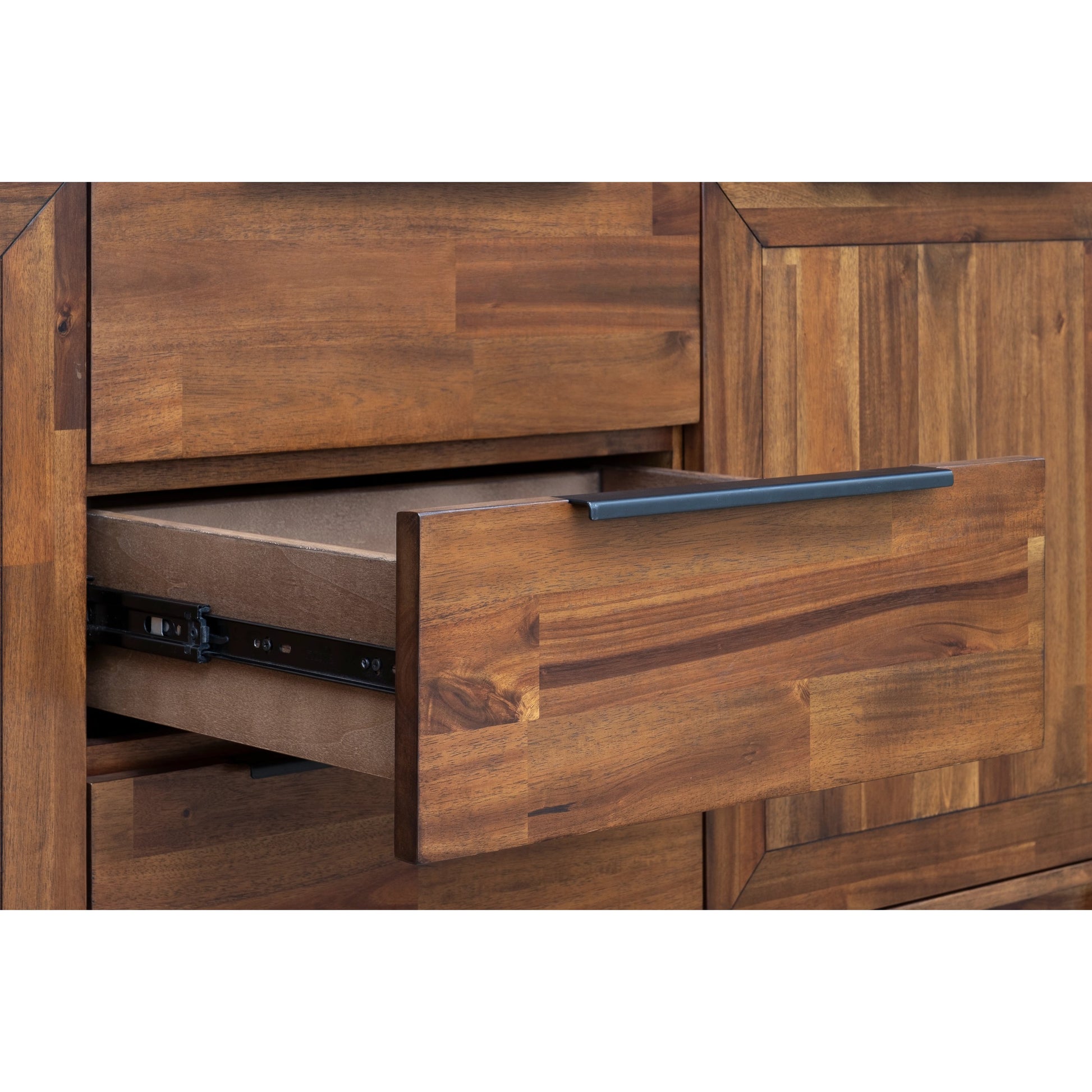 Remix Sideboard by LH Imports in brown and brown, black. Made from metal handle, solid acacia, mdf acacia veneer in a modern style.