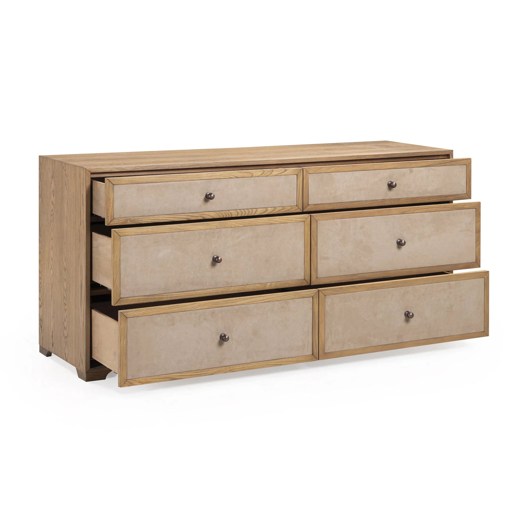 Laurentis Light Taupe Suede Wood 6-Drawer Dresser by TOV Furniture in natural. Made from ash, ash veneer, mdf in a unique style.