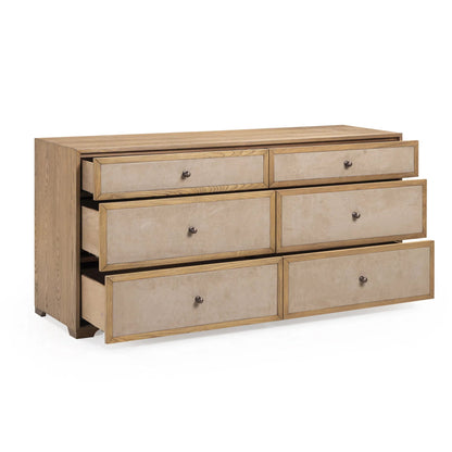 Laurentis Light Taupe Suede Wood 6-Drawer Dresser by TOV Furniture in natural. Made from ash, ash veneer, mdf in a unique style.
