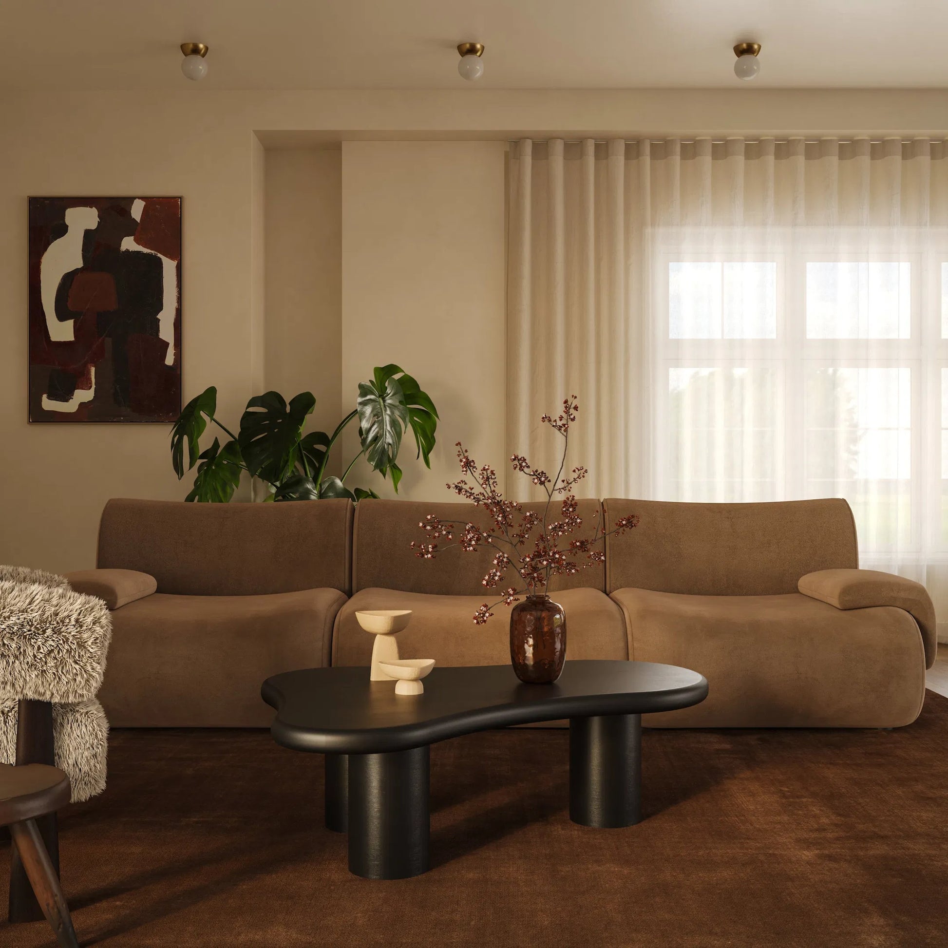 Zenith Latte Performance Velvet Modular Sofa by TOV Furniture in brown. Made from fabric, plywood, rubberwood in a unique style.