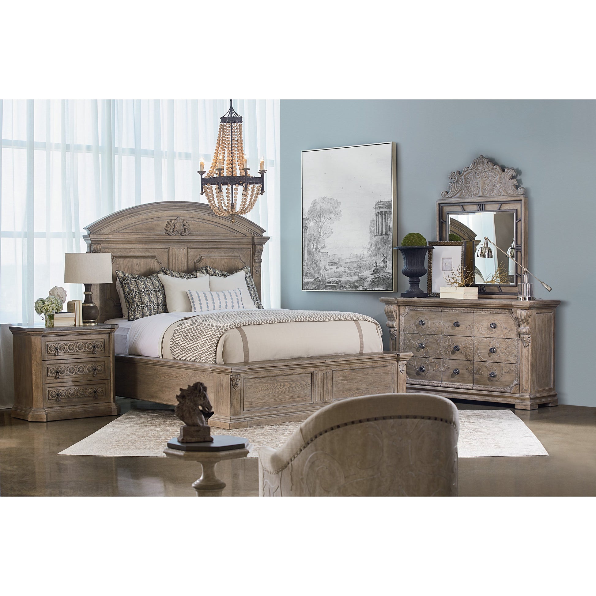 Arch Salvage Chambers Panel Bed by A.R.T. Furniture in brown and parch. Made from parrawood solids, cathedral elm veneers in a cottage & farmhouse style.