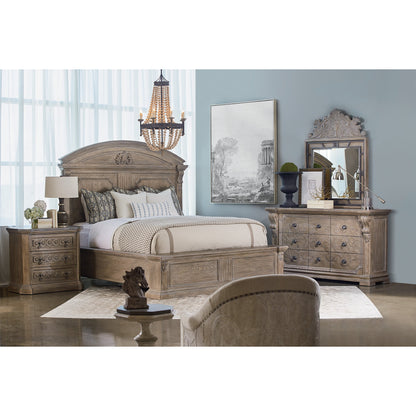 Arch Salvage Chambers Panel Bed by A.R.T. Furniture in brown and parch. Made from parrawood solids, cathedral elm veneers in a cottage & farmhouse style.