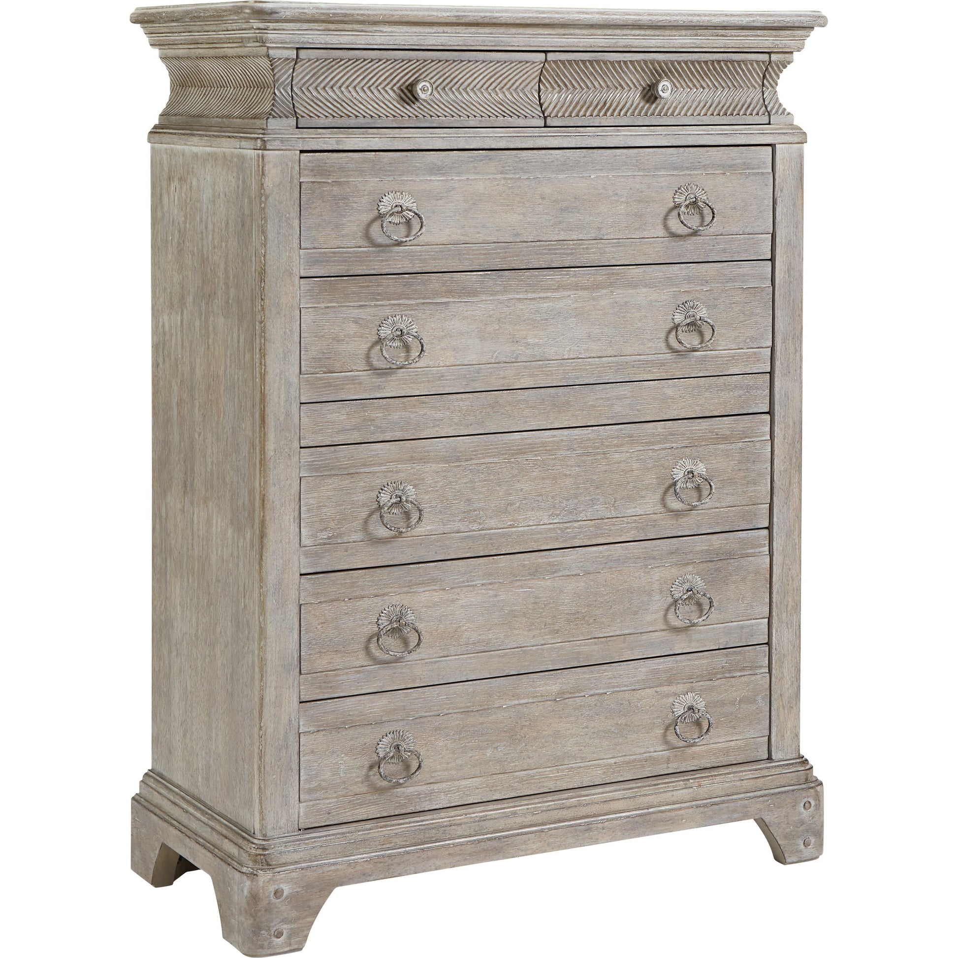Summer Creek Light Keeper's Drawer Chest by A.R.T. Furniture in gray and scrubbed oak. Made from flakey cathedral oak veneer, parawood solids in a traditional style.