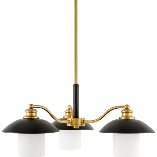 Reus Chandelier by Livabliss in fixture: black, metallic - brass; shade: white; cord: white and powder coated. Made from iron, glass in a modern style.