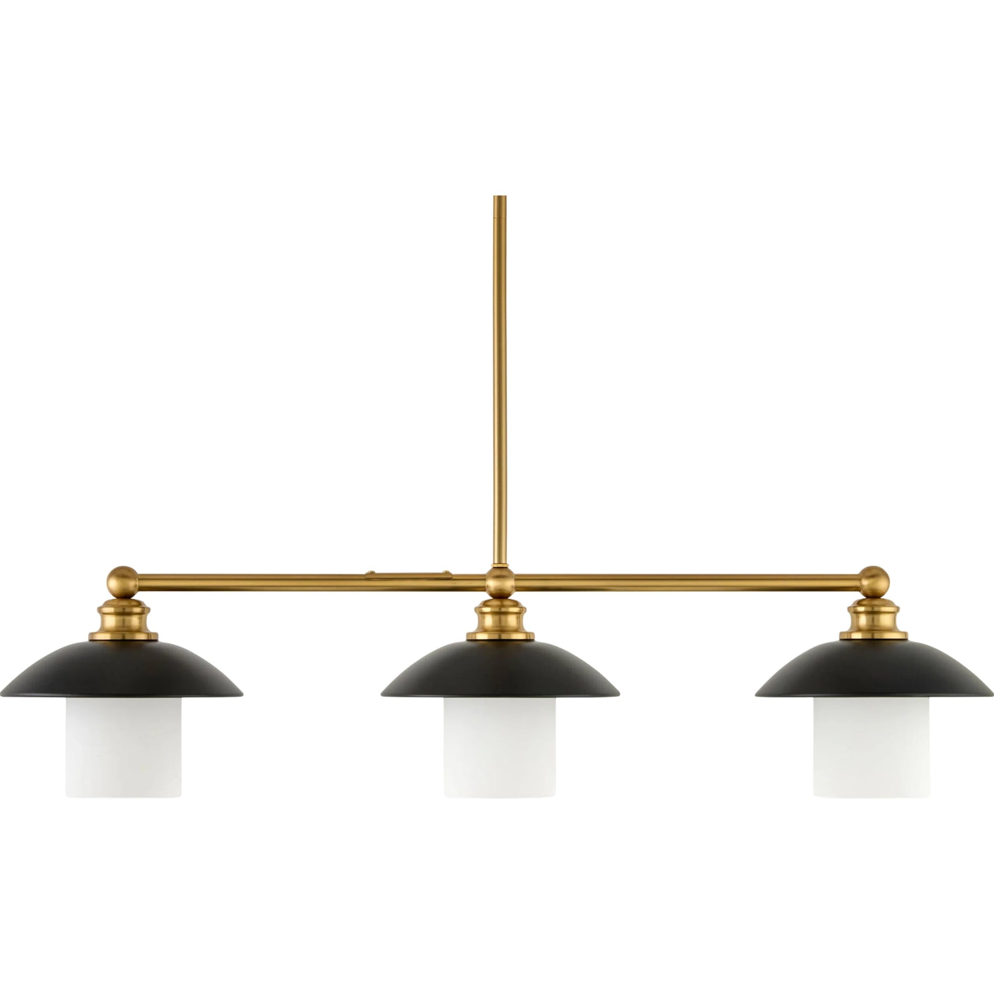Reus Linear Chandelier by Livabliss in fixture: black, metallic - brass; shade: white; cord: white and powder coated. Made from iron, glass in a modern style.