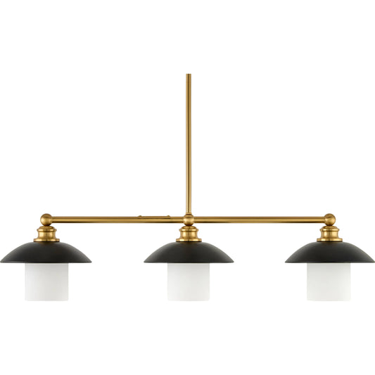 Reus Linear Chandelier by Livabliss in fixture: black, metallic - brass; shade: white; cord: white and powder coated. Made from iron, glass in a modern style.