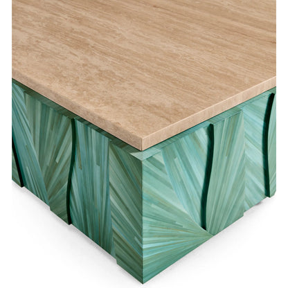 Seaglass Coffee Table by Jonathan Charles in blue and blue straw. Made from straw, marble, koto veneer in a eclectic & global style.