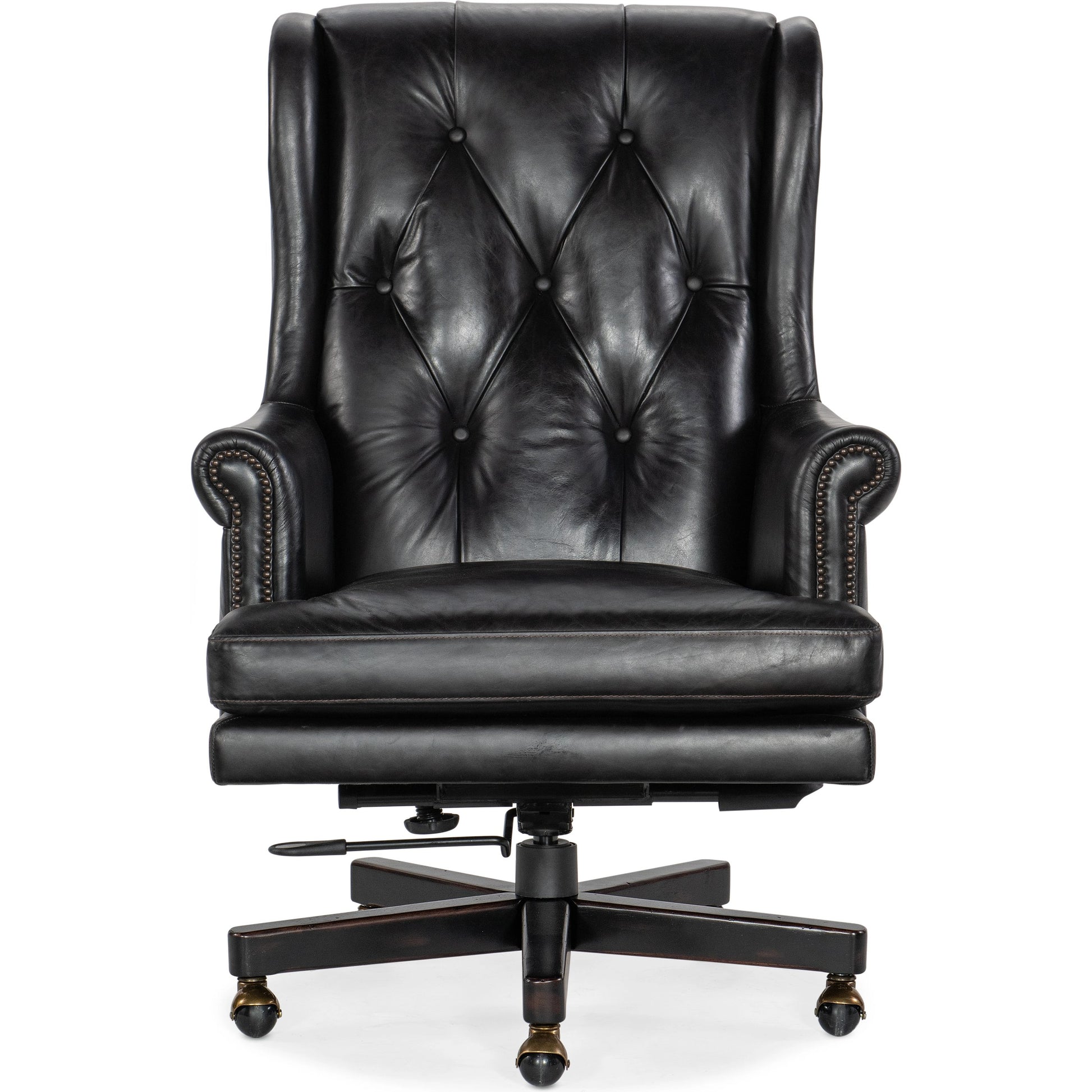 Charleston Executive Swivel Tilt Chair by Hooker Furniture in old saddle black. Made from leather, old saddle black (aniline top grain) in a unique style.