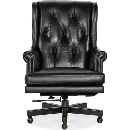Charleston Executive Swivel Tilt Chair by Hooker Furniture in old saddle black. Made from leather, old saddle black (aniline top grain) in a unique style.