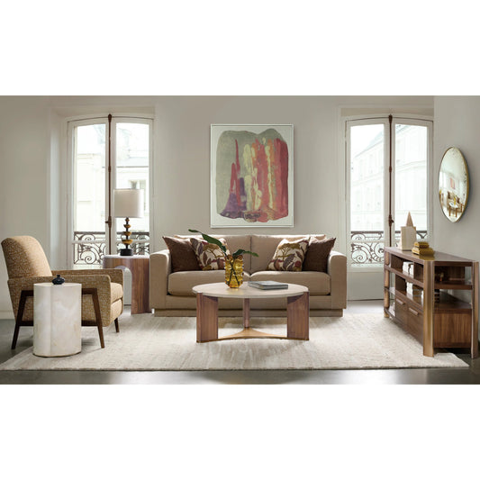 Eleana Entertainment Console by Hooker Furniture in light caramel, sunlit bronze metal, glass. Made from walnut veneers, glass in a modern style.