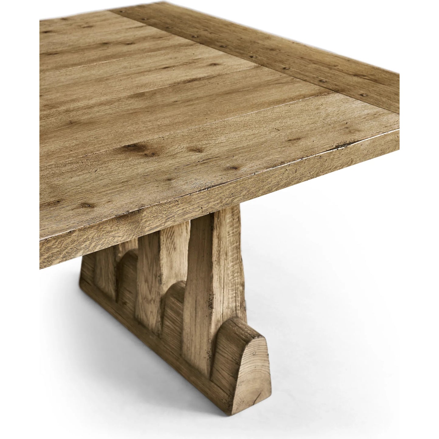 006 SI-2462567 | Closeup | 124" Echo Canyon Rectangular Dining Table by Jonathan Charles in faded oak. Made from oak veneer in a transitional style.