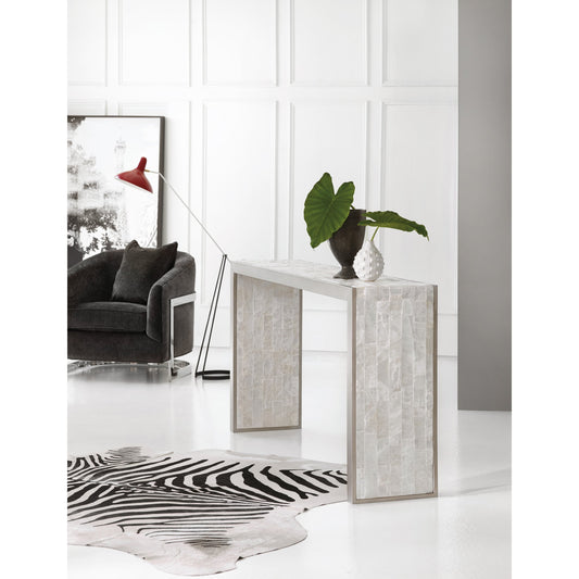 Emma Console Table by Hooker Furniture in silver leaf. Made from faux silver leaf on metal with selenite top in a modern style.
