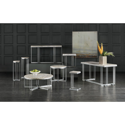 Melange Marin Round Cocktail Table by Hooker Furniture in silver. Made from tumbles white onyx with carbon steel metal in a transitional style.