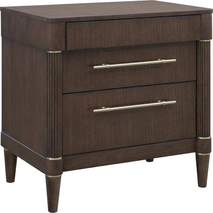 Asher Park 3 Drawer Nightstand by Pulaski Furniture in piano brown. Made from eucalyptus veneers in a unique style.