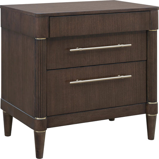 Asher Park 3 Drawer Nightstand by Pulaski Furniture in piano brown. Made from eucalyptus veneers in a unique style.