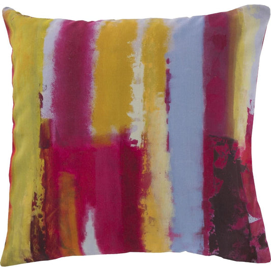 Rain Pillow - 15357 by Livabliss in magenta, gold, sky blue, lime, burnt orange, charcoal, mint, eggplant. Made from front: 100% polyester, back: 100% polyester in a modern style.