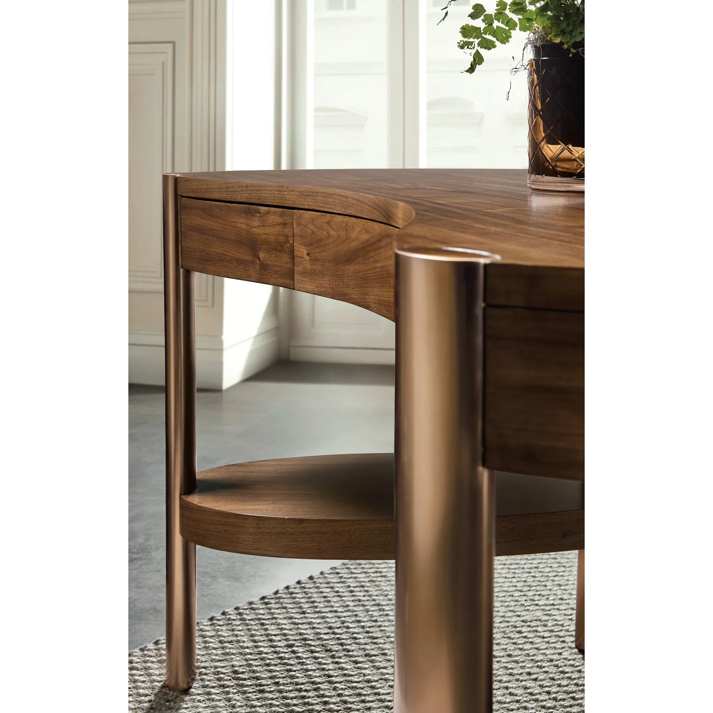 004 SI-2458553 | Closeup | Eleana Writing Desk by Hooker Furniture in light caramel, sunlit bronze metal. Made from walnut veneers, metal in a modern style.