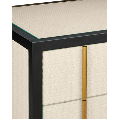 Deanna Raffia Nightstand by Currey and Company in ivory, black, brushed brass, natural, dusty blue, clear. Made from raffia, okume veneer, stainless steel, sycamore veneer, tempered glass in a modern style.
