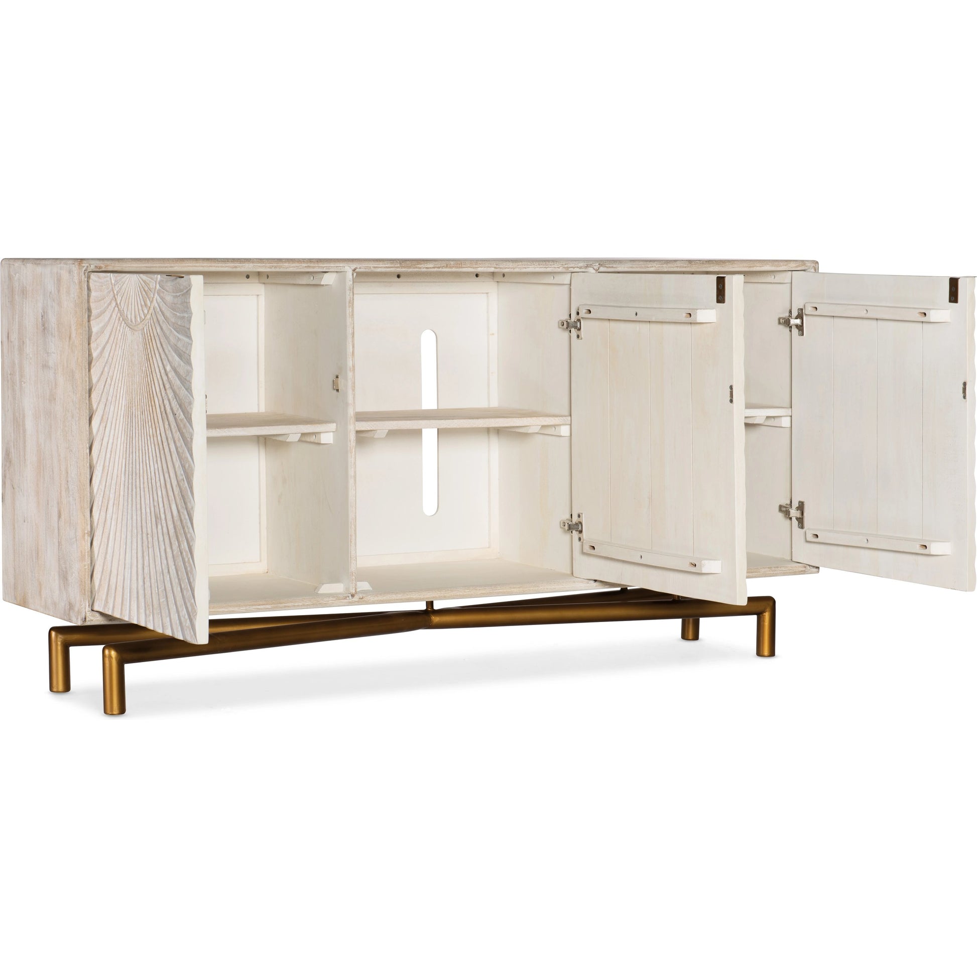 Entertainment Console by Hooker Furniture in rustic light mango. Made from mango wood, iron in a modern style.