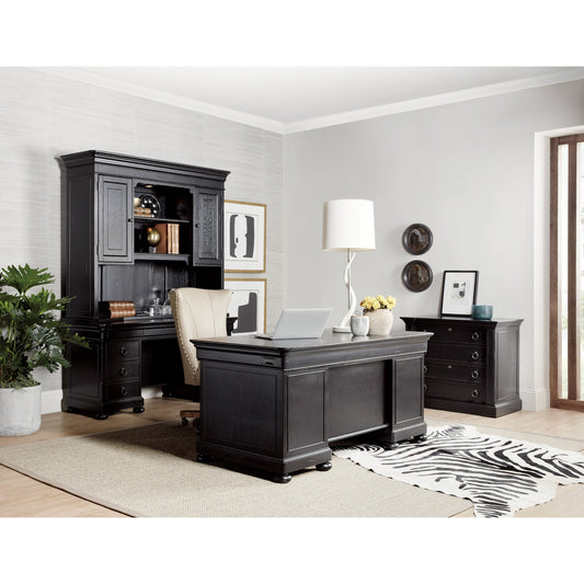 Bristowe Executive Desk by Hooker Furniture in tuxedo black. Made from pecan veneers in a unique style.