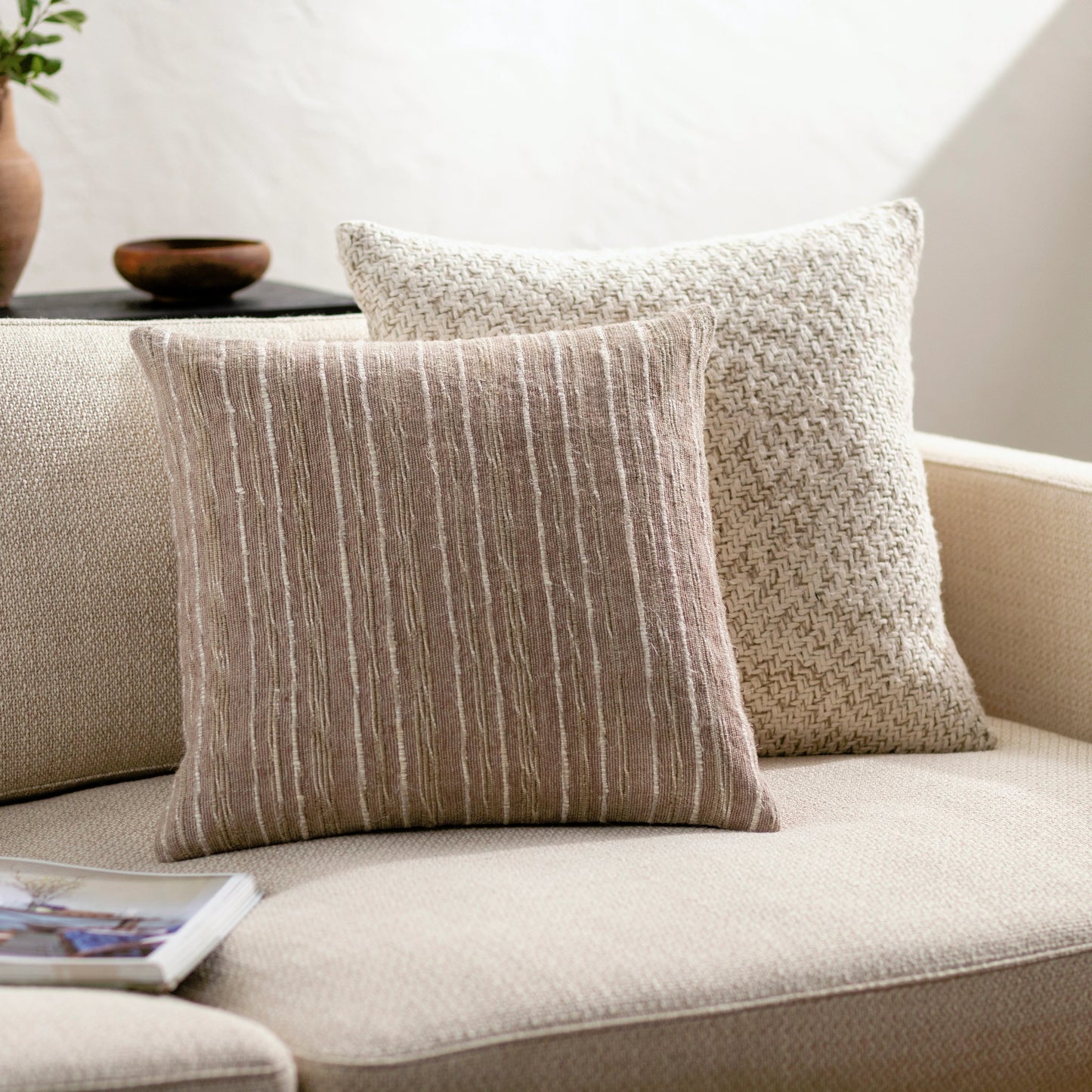 002 SI-2049681,SI-2049682,SI-2049684,SI-2049685,SI-2049687,SI-2049688 | Lifestyle | Ragnar Pillow - 481559 by Surya in beige, sandstone, ivory. Made from front: 75% linen, 25% viscose, back: 100% cotton in a modern style.