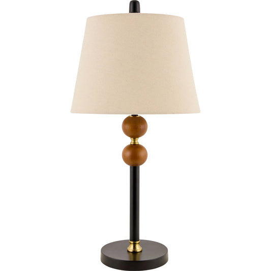 Ragay Accent Table Lamp by Livabliss in body: dark brown; base: black; shade (outside): beige; shade (inside): white; finial: black; harp: metallic - nickel; cord: black and hand painted. Made from rubber wood, iron, linen, 