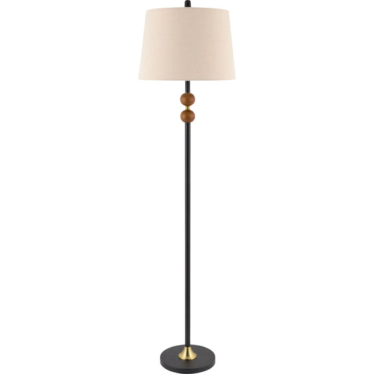Ragay Accent Floor Lamp by Livabliss in body: dark brown; base: black; shade (outside): beige; shade (inside): white; finial: black; harp: metallic - nickel; cord: black and hand painted. Made from rubber wood, iron, linen, 