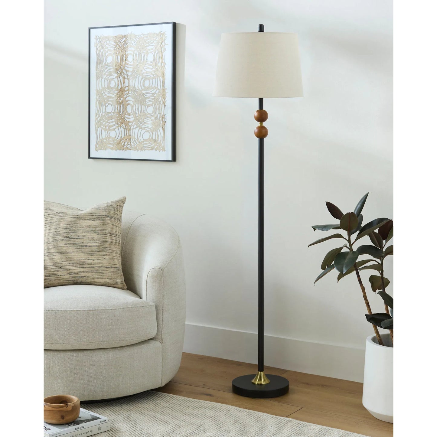 002 SI-2350198 | Lifestyle | Ragay Accent Floor Lamp by Livabliss in body: dark brown; base: black; shade (outside): beige; shade (inside): white; finial: black; harp: metallic - nickel; cord: black and hand painted. Made from rubber wood, iron, linen, pol