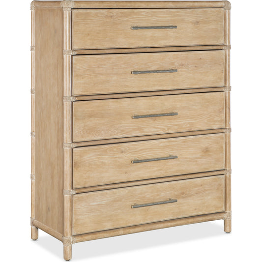 Retreat Pole Rattan Five-Drawer Chest by Hooker Furniture. Made from oak, maple veneers, cedar, rope, felt in a cottage & farmhouse style.
