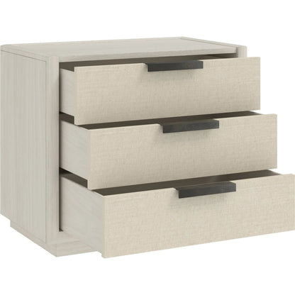 Cotiere Nightstand in Linen by A.R.T. Furniture in linen. Made from parawood solids, mixed split cathedral, quarter white oak veneers, fabric in a transitional style.
