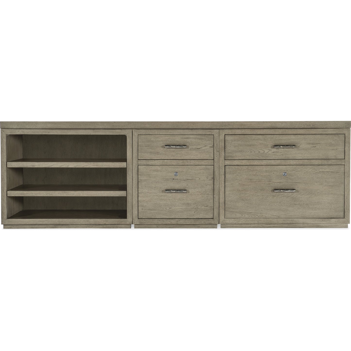 004 SI-1900750 | Additional Silo | Linville Falls Credenza with Small File, Lateral File and Open by Hooker Furniture in mink, antique pewter. Made from oak veneers in a modern style.