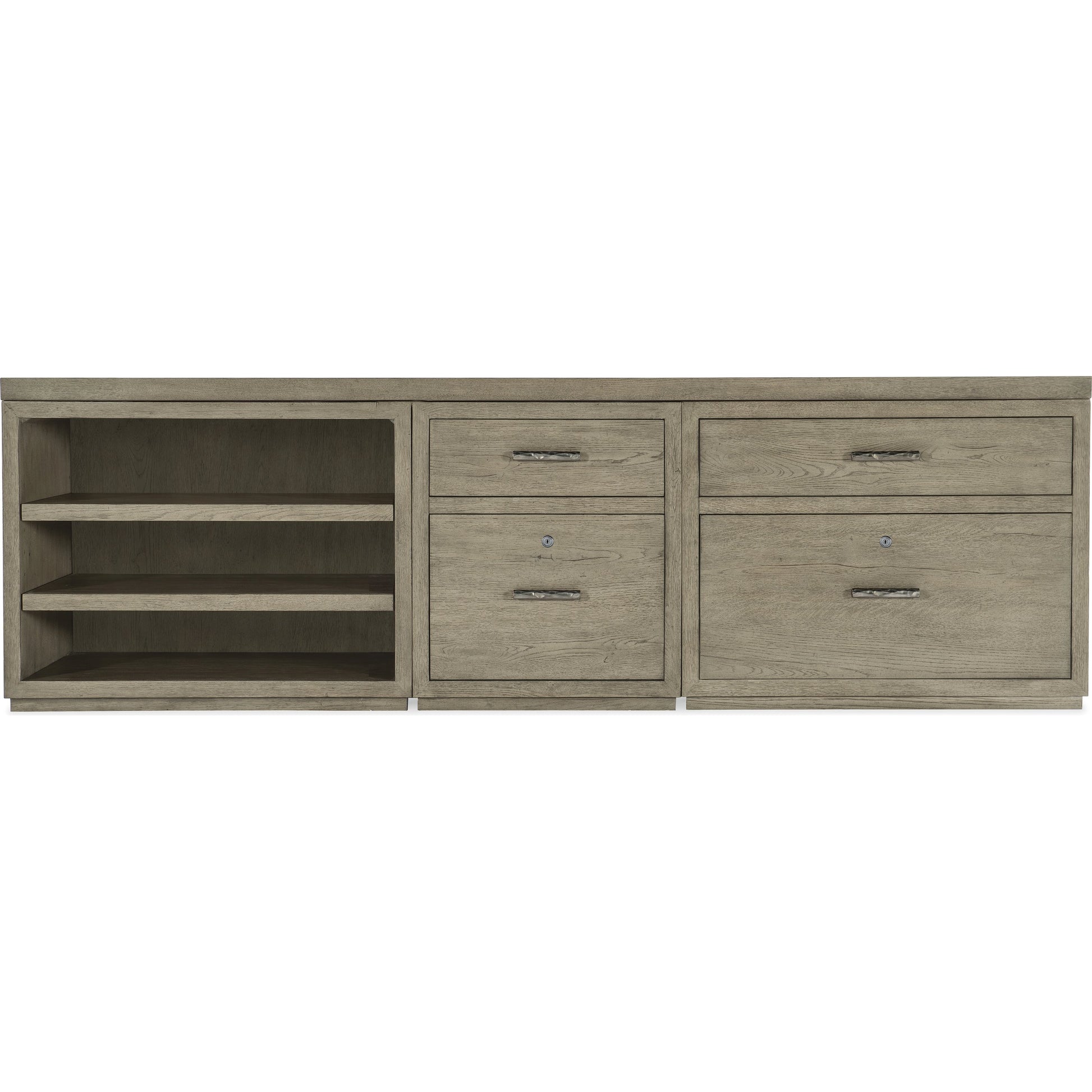Linville Falls Credenza with Small File, Lateral File and Open by Hooker Furniture in mink, antique pewter. Made from oak veneers in a modern style.