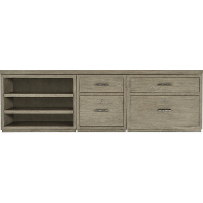 Linville Falls Credenza with Small File, Lateral File and Open by Hooker Furniture in mink, antique pewter. Made from oak veneers in a modern style.