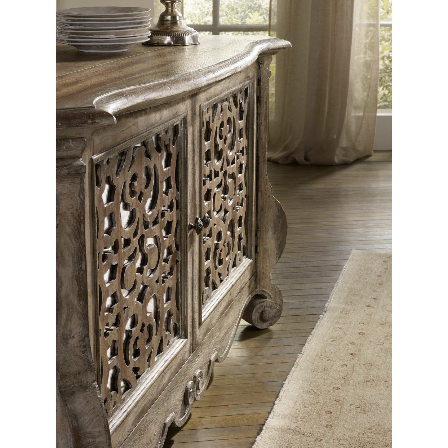 004 SI-1748601 | Lifestyle | Chatelet Buffet by Hooker Furniture in caramel froth, paris vintage. Made from pecan veneers, resin, solid-wood edge top in a traditional style.