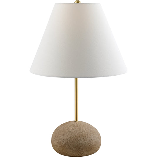 Rhodes Table Lamp by Surya in body: brown, metallic - brass, shade: white, finial: metallic - brass, harp: metallic - brass, cord: translucent and plated. Made from body: cement, metal, shade (outside): cotton, finial: metal