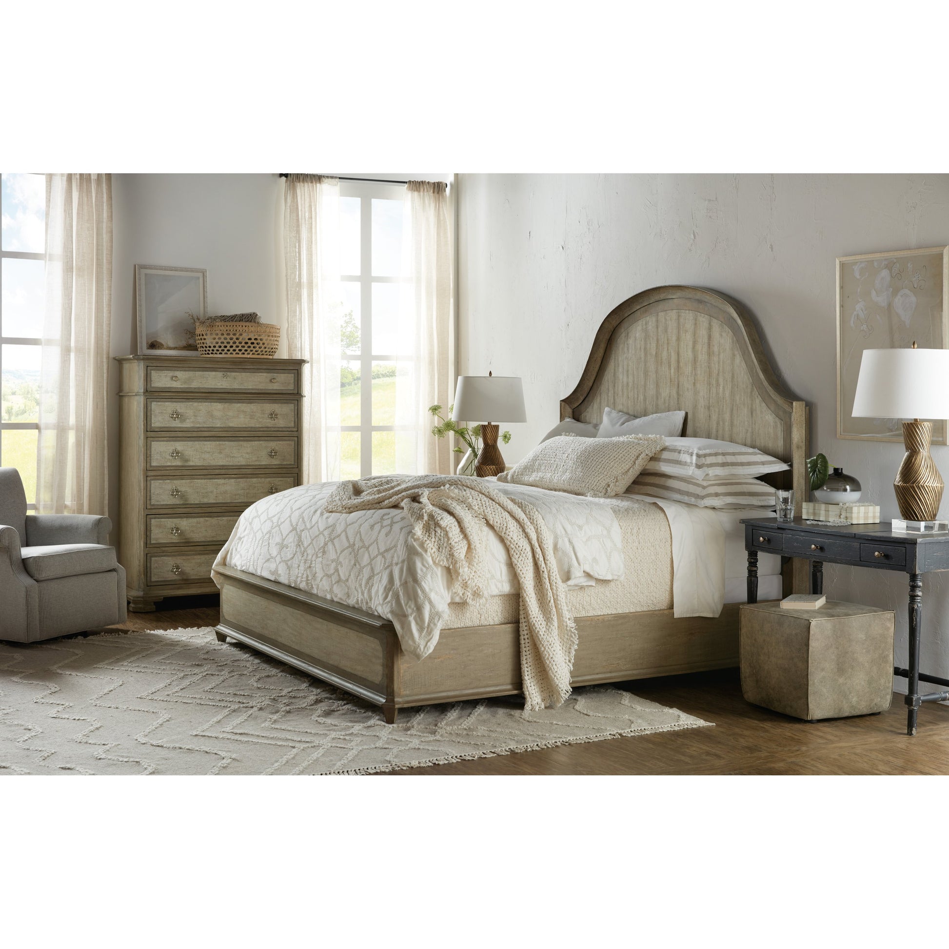 Lauro Panel Bed by Hooker Furniture in sorrento. Made from oak veneers, aluminum sheet with handpainting in a coastal style.