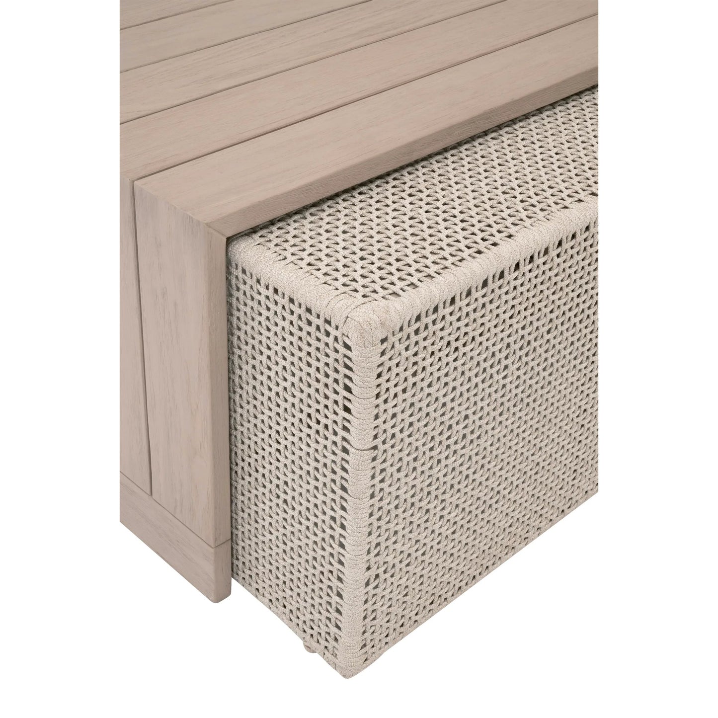 011 SI-2531742 | Closeup | Rhode Coffee Table by Essentials For Living in oat flat rope, washed ever teak. Made from solid teak wood, aluminum in a transitional style.