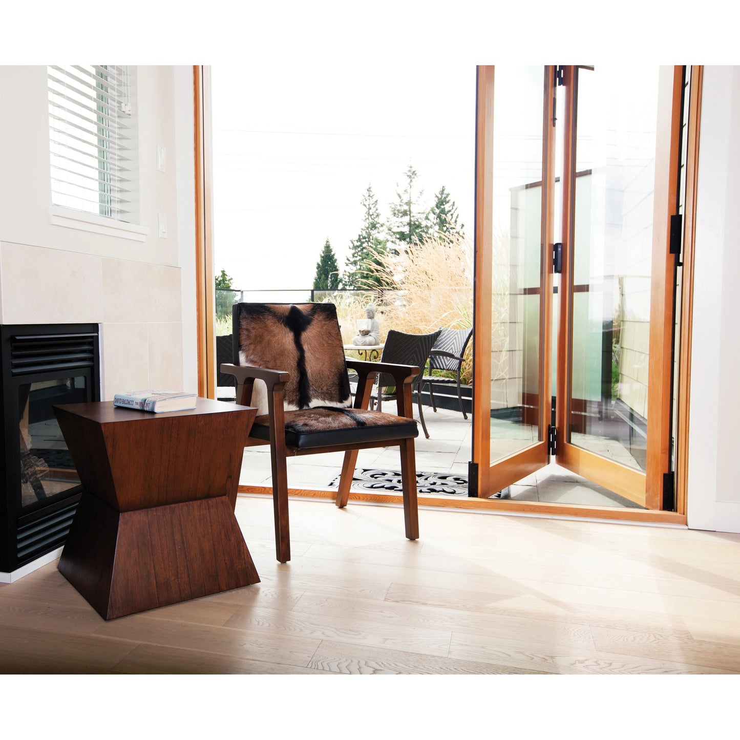 008 SI-2004407 | Lifestyle | Rio Cool Armchair by LH Imports in brown mindi oak, leather/goat hair and mindi oak. Made from mindi oak, leather, pu leather, goat hair in a cottage & farmhouse style.