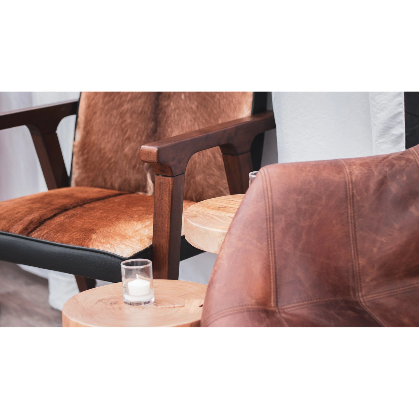 005 SI-2004407 | Lifestyle | Rio Cool Armchair by LH Imports in brown mindi oak, leather/goat hair and mindi oak. Made from mindi oak, leather, pu leather, goat hair in a cottage & farmhouse style.