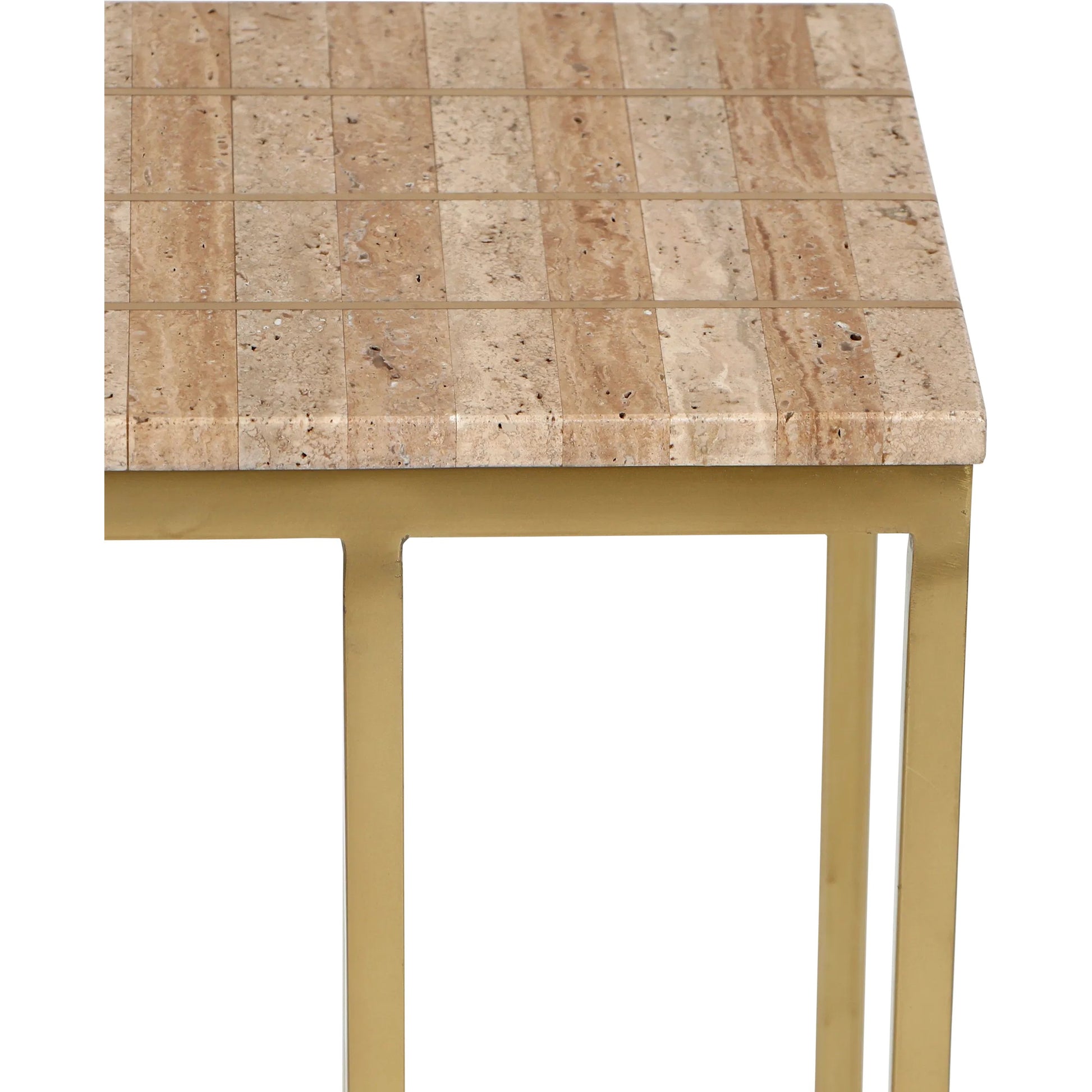 Dezi C Table by Currey and Company in natural, brass. Made from travertine, brass, iron in a transitional style.