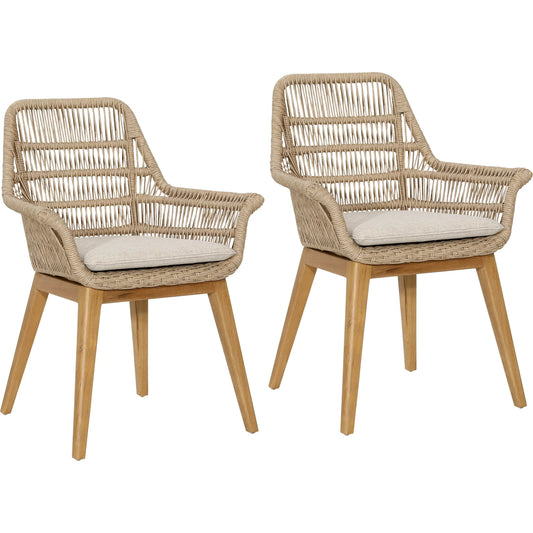 Kenna Dining Chair (Set of 2) by Arch & Plane in natural, ivory cushion. Made from teak wood, aluminum, synthetic rattan, olefin upholstery in a unique style.