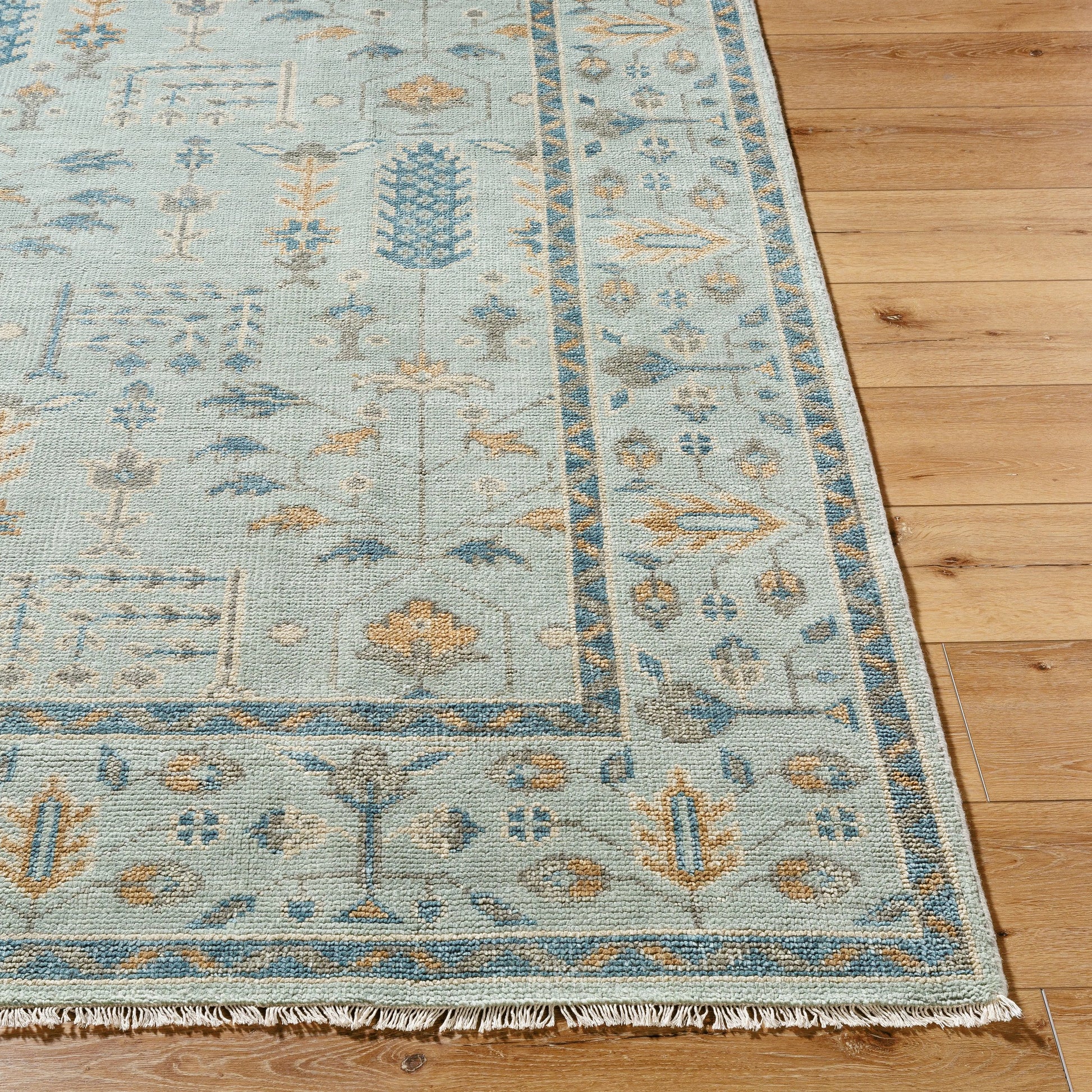 Riviera RIV-2304 Rug by Surya in sky blue, goldenrod, slate gray, ivory, cornflower blue. Made from new zealand wool, cotton in a unique style.
