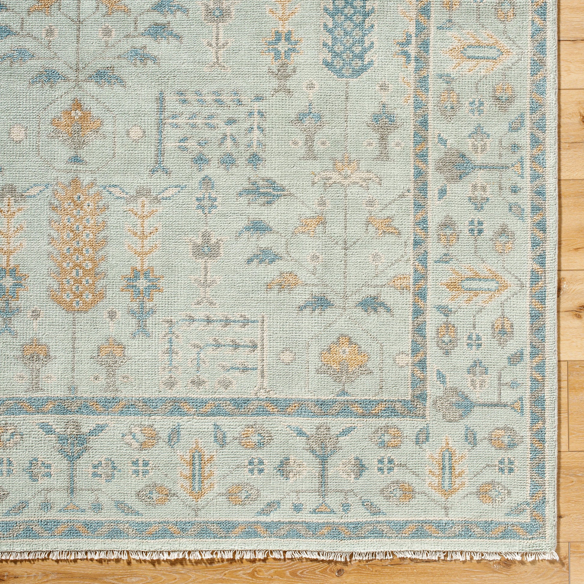 Riviera RIV-2304 Rug by Surya in sky blue, goldenrod, slate gray, ivory, cornflower blue. Made from new zealand wool, cotton in a unique style.