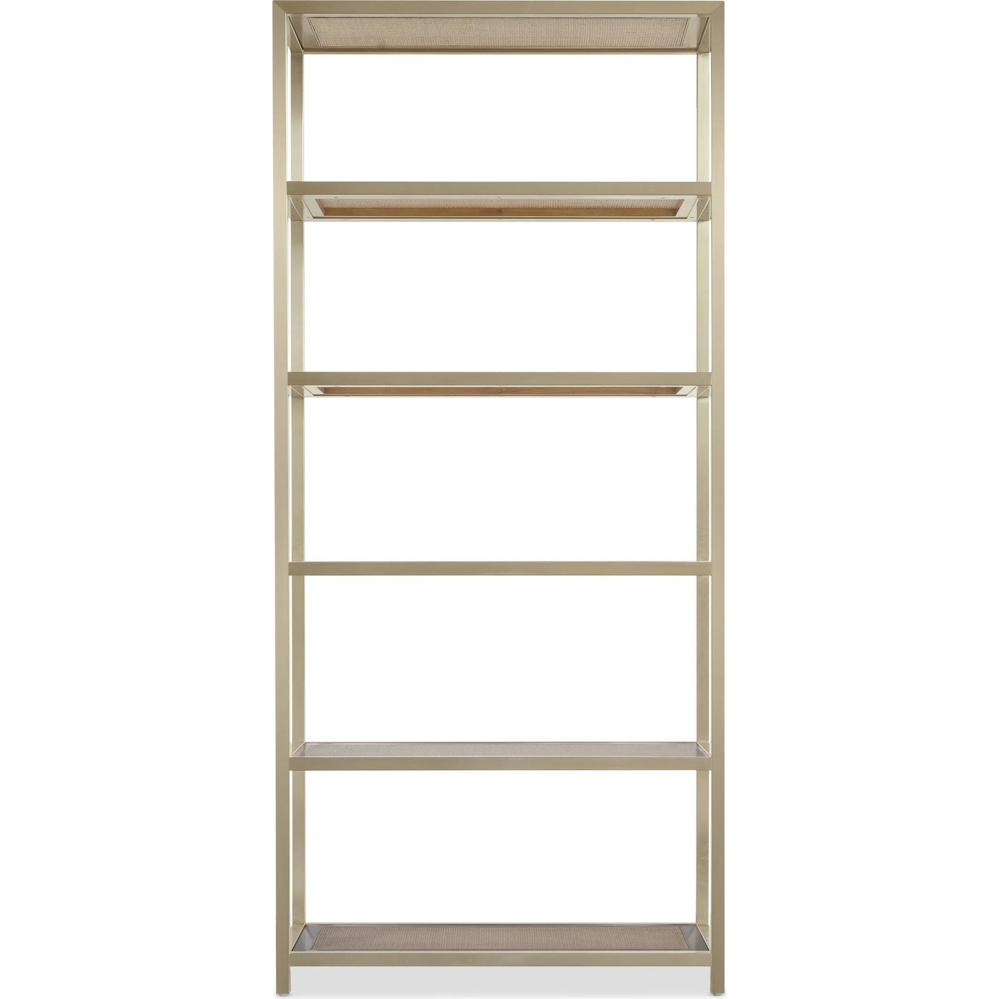 Melange Etagere by Hooker Furniture in silver. Made from steel, glass, cane with wooden frame in a modern style.
