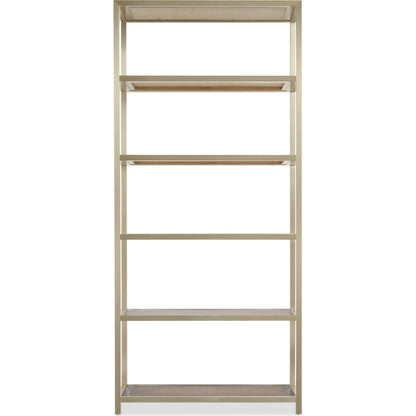 Melange Etagere by Hooker Furniture in silver. Made from steel, glass, cane with wooden frame in a modern style.